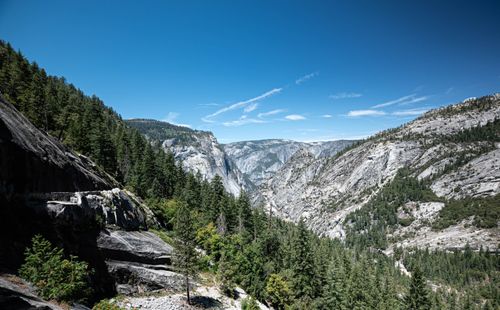 Free Breathtaking view of Yosemite Valley with lush pine forests under a clear blue sky. Stock Photo