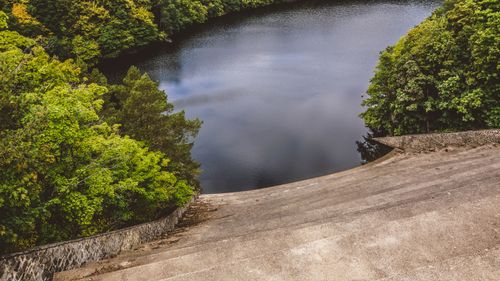 Free A stunning aerial view showcasing dense forests surrounding a tranquil lake, with a concrete path leading to the water's edge. Stock Photo