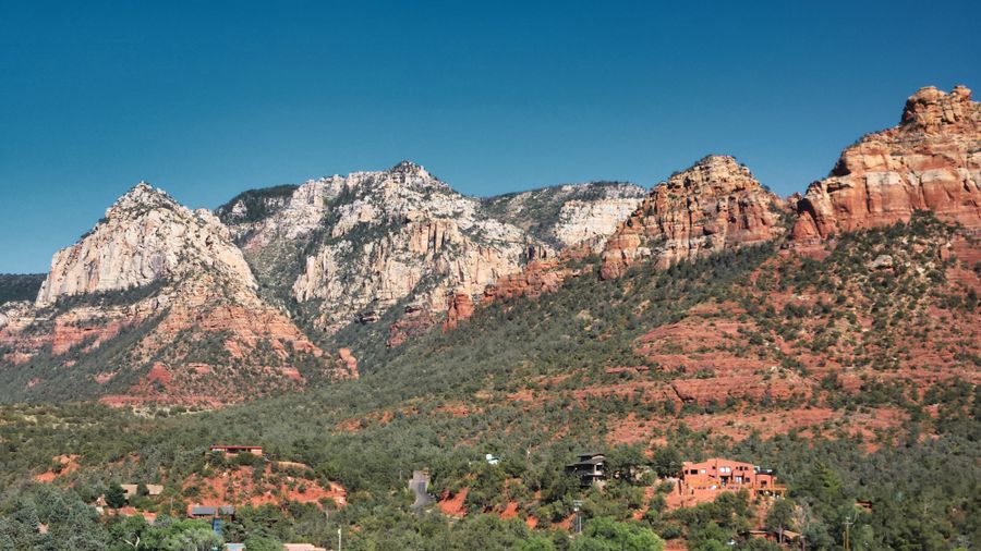 Sedona red rock formations rising from the desert floor, Arizona
