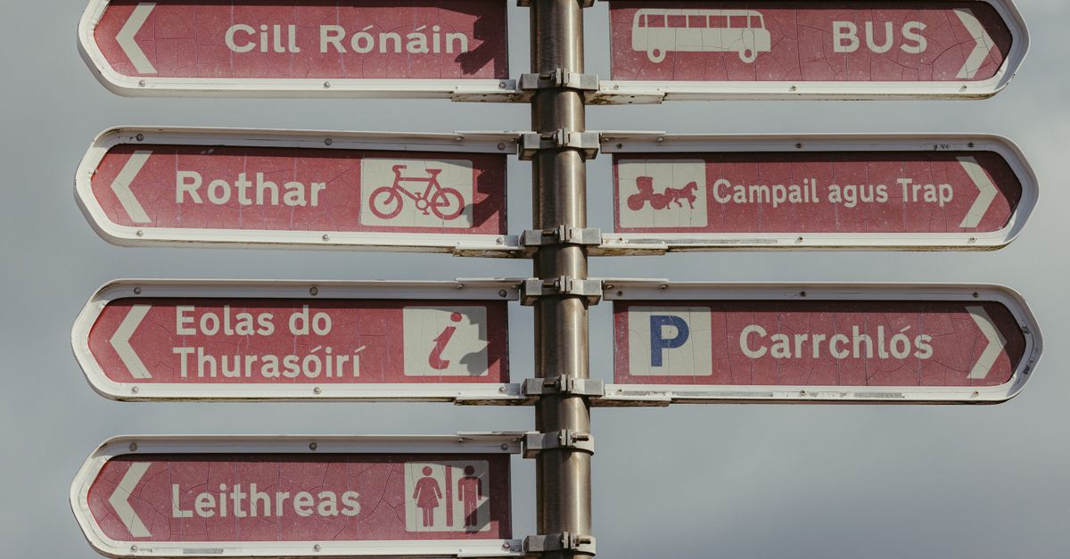 Multilingual signpost pointing to various amenities on Inishmore, County Galway.