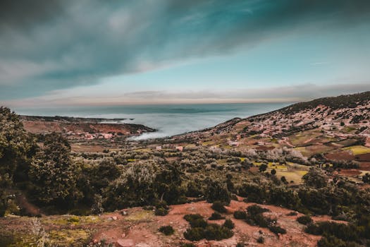 宁静的风景描绘了清晨雾笼罩下的小村庄和郁郁葱葱的山丘