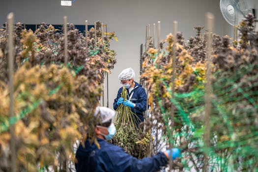 Photo by Diego Barros Workers in protective gear handling cannabis plants in an indoor facility.