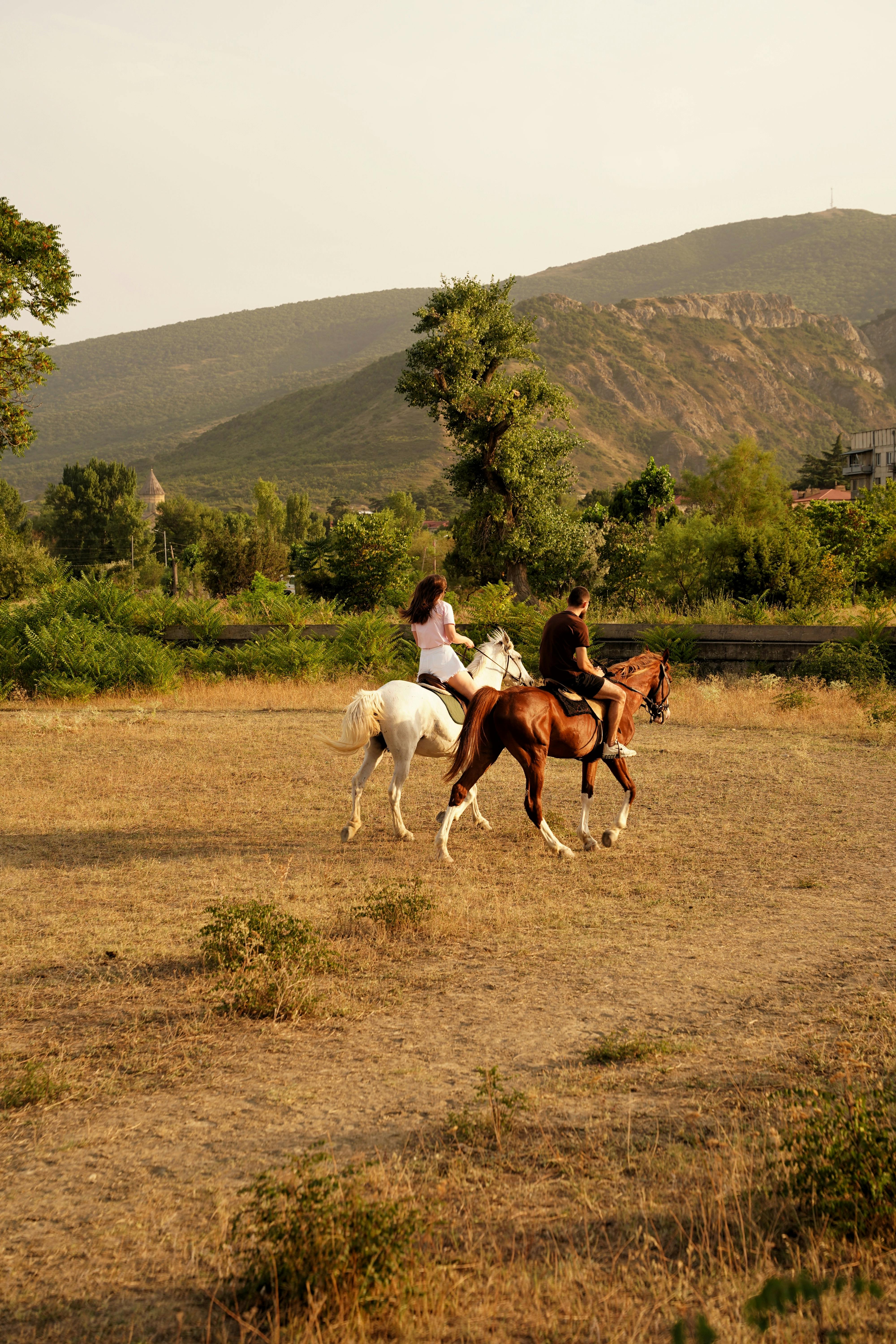 A couple enjoys horseback riding through a scenic landscape with mountains and trees at sunset.