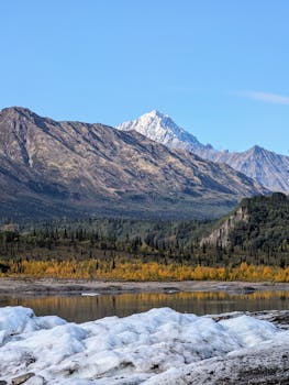 Stunning view of a snow-capped mountain with autumn foliage and a serene lake.