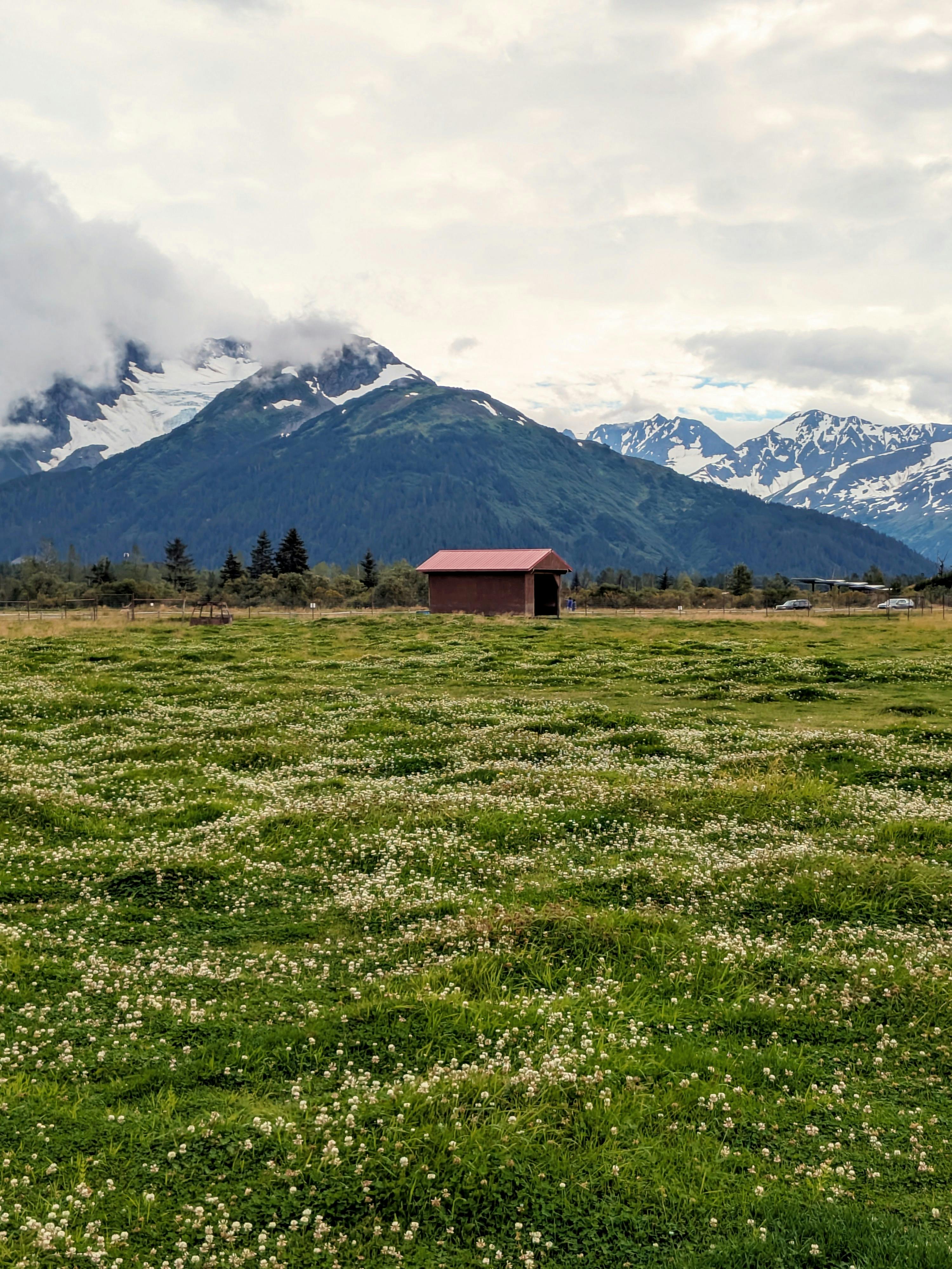A rustic barn set against majestic snow-capped mountains and a lush green field under a cloudy sky.