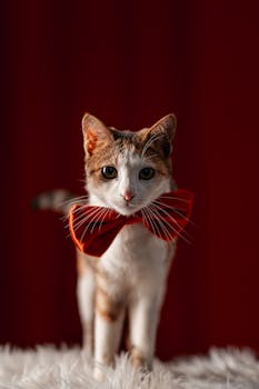Adorable cat wearing a red bow tie on a soft white rug against a dark background.