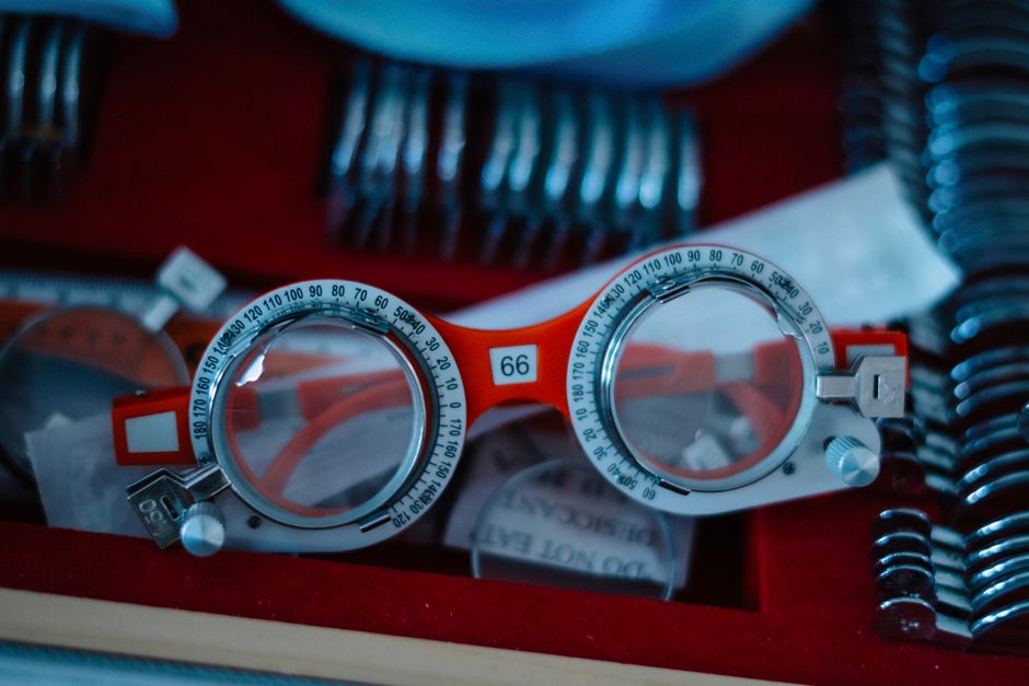 Close-up of optometrist's trial lens frame set, ideal for eye examination optics.