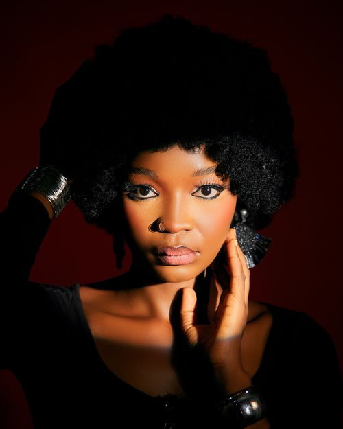 Free Capture of a woman with afro hairstyle and bold jewelry under dramatic lighting. Stock Photo