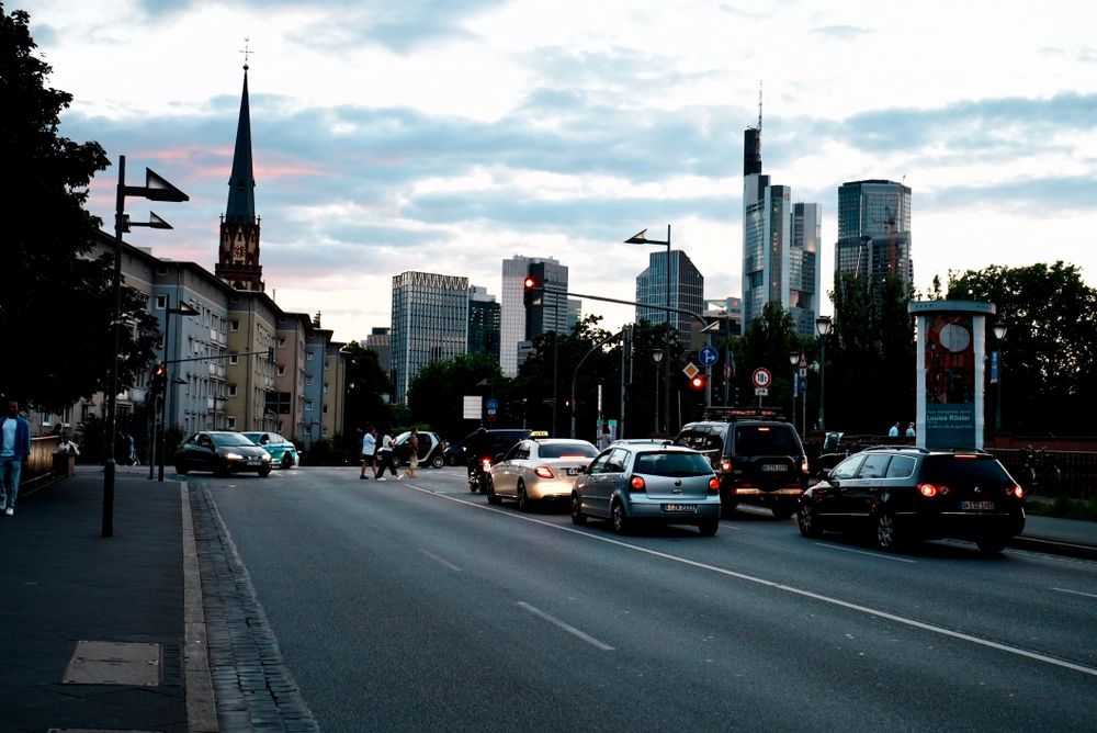 Evening cityscape with traffic and skyline in Frankfurt, Germany