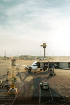Airplane ready for boarding at Schönefeld Airport during golden hour