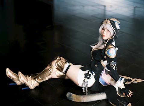 A cosplayer in elaborate futuristic armor costume seated on a dark floor indoors.