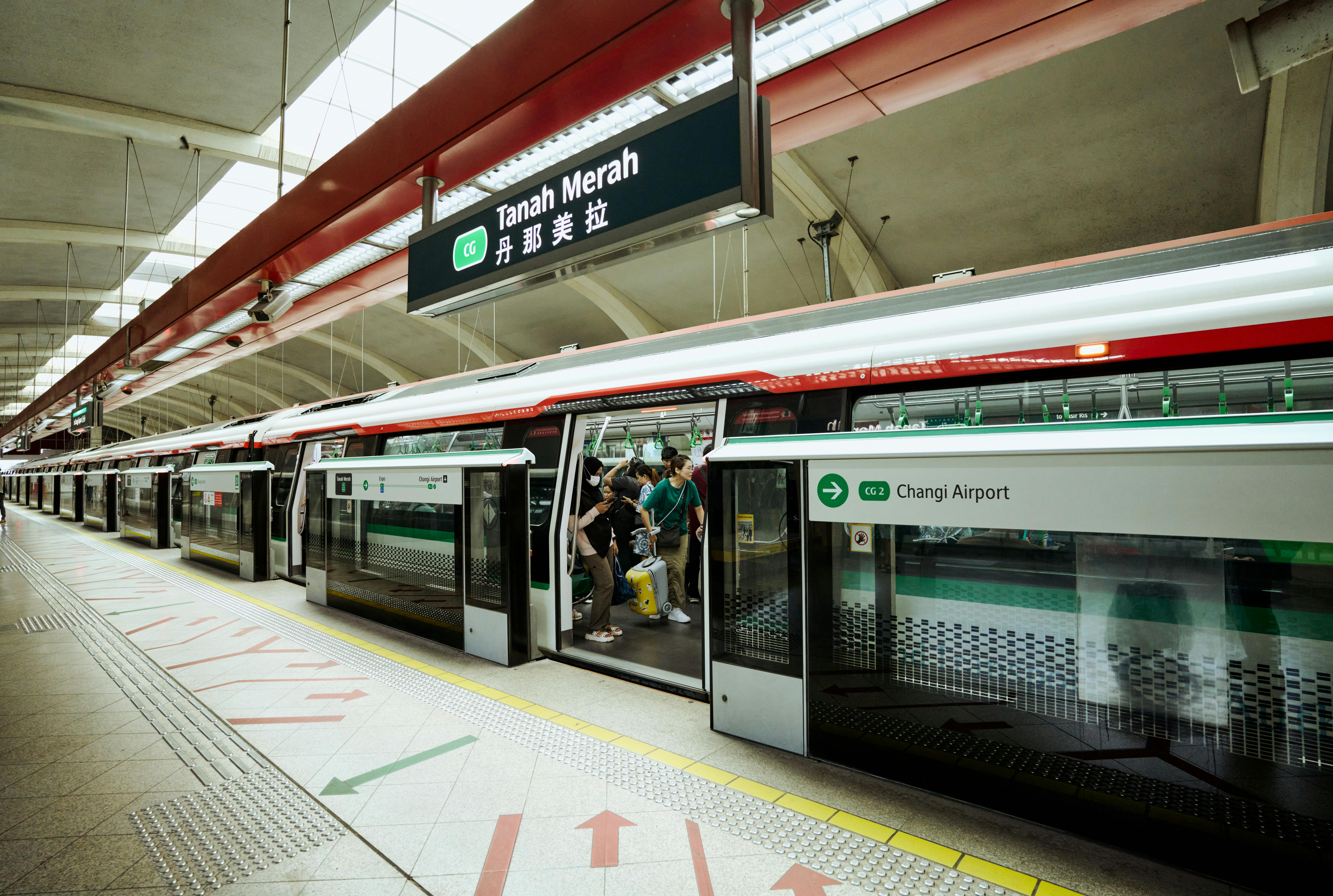 Singapore MRT train at Changi Airport station on the East-West Line green line