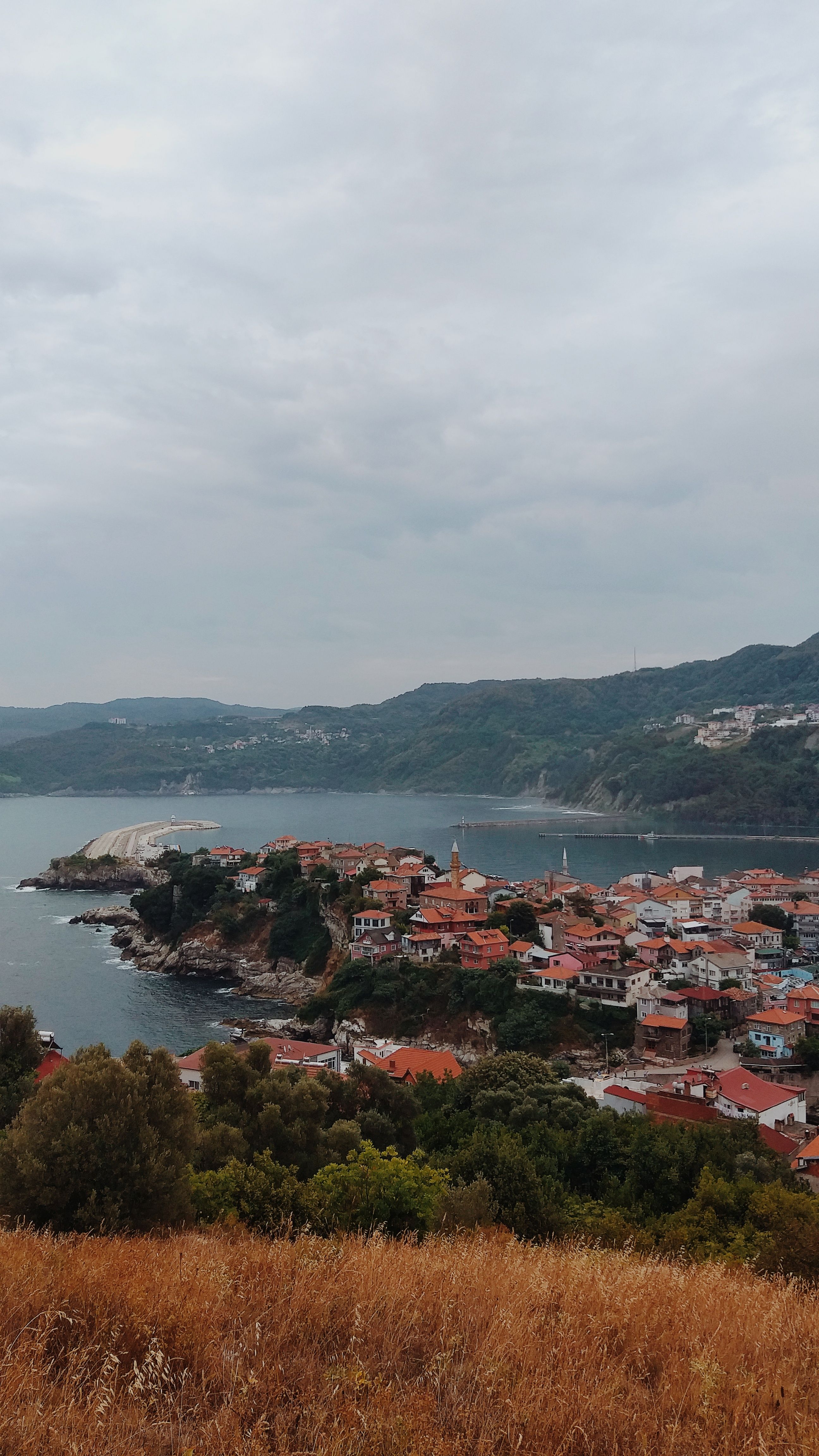 A breathtaking view of Amasra with its red-tiled roofs and surrounding sea, captured under a cloudy sky.