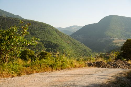 Free A beautiful view of green mountains under clear blue skies with a dirt road in the foreground. Stock Photo