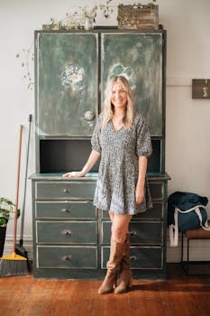 A woman with blonde hair poses in a vintage-style room, showcasing natural beauty and style.