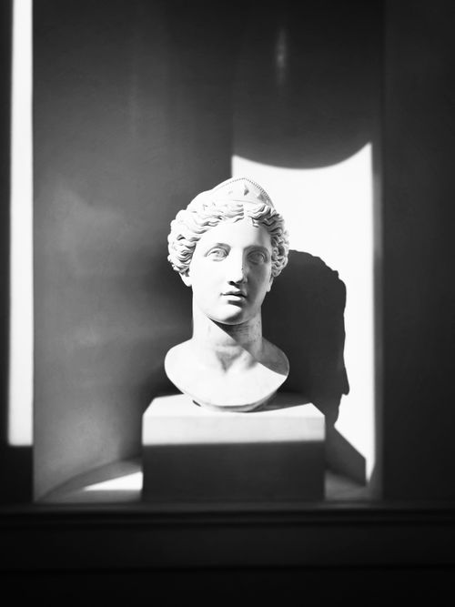 Free Monochrome photo of a classical sculpture bust with striking light and shadow contrast. Stock Photo
