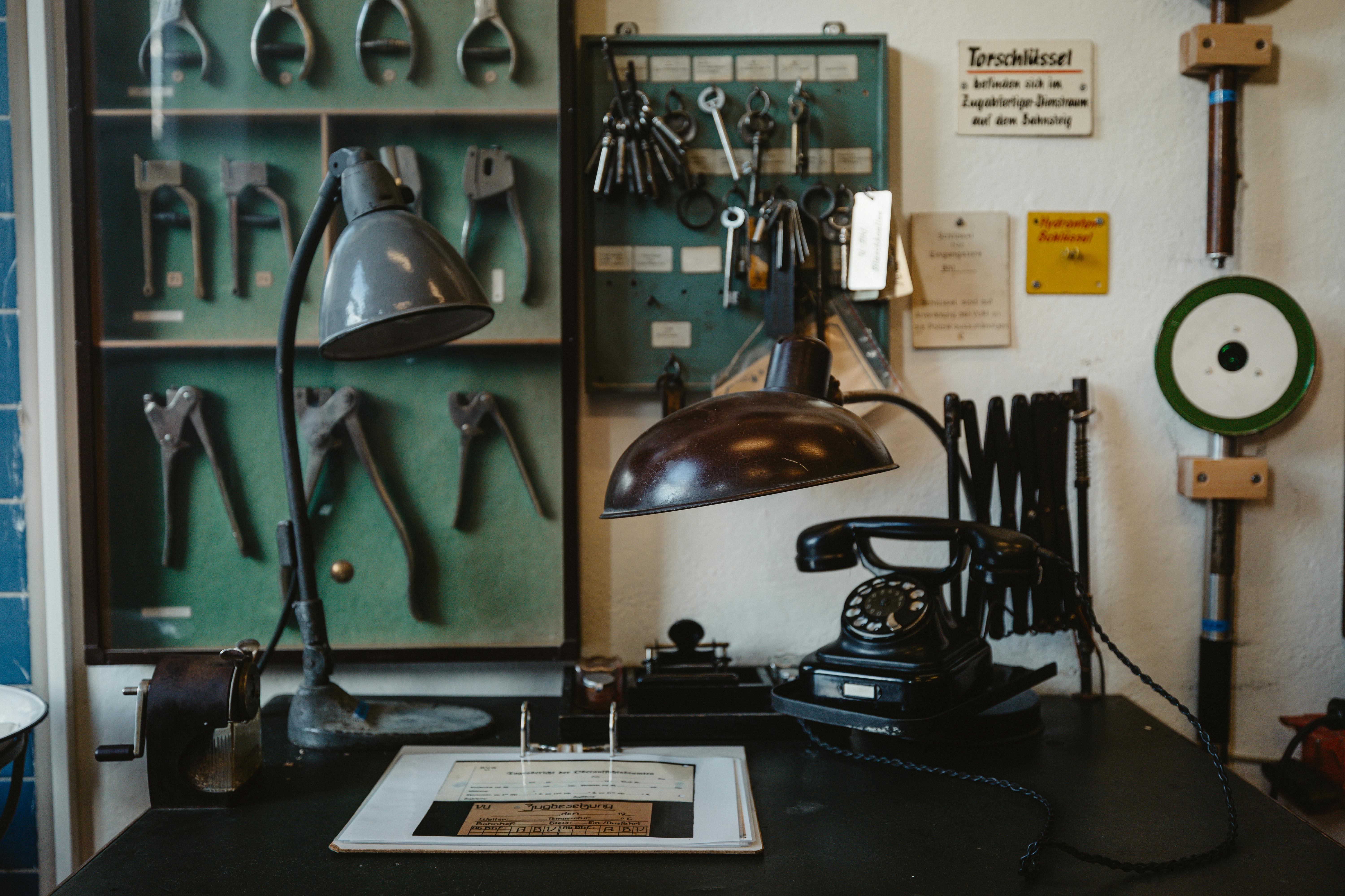 Vintage workshop desk with classic tools and equipment