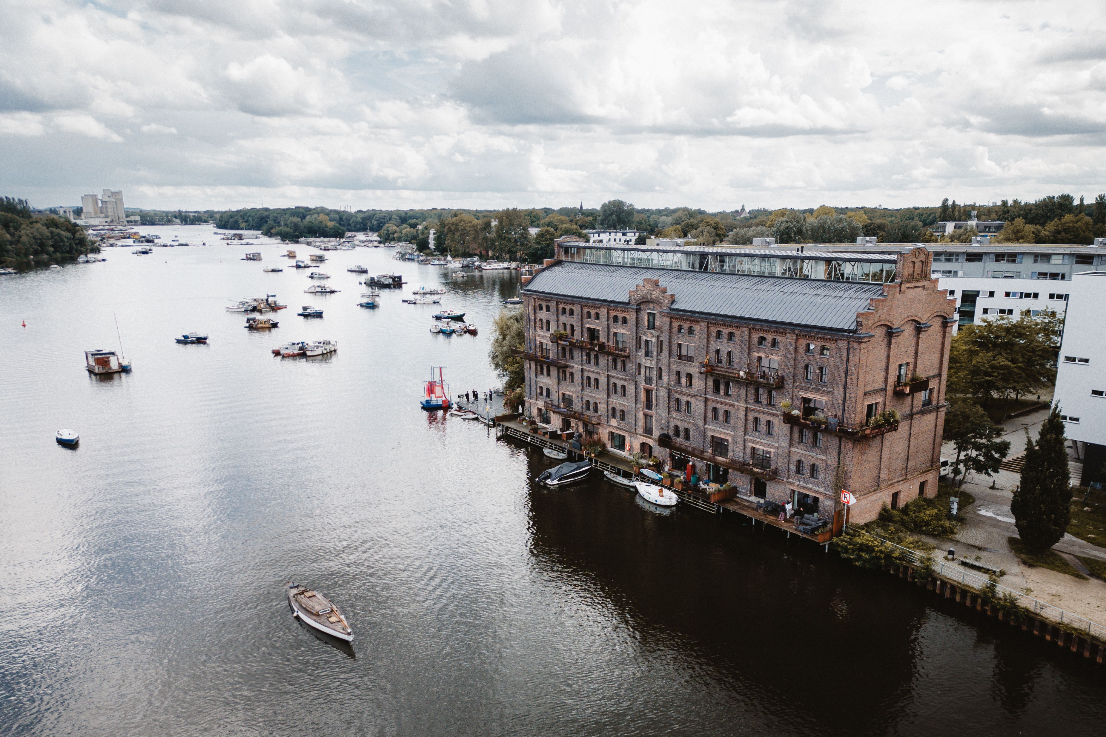 Aerial River View with Historic Building · Free Stock Photo
