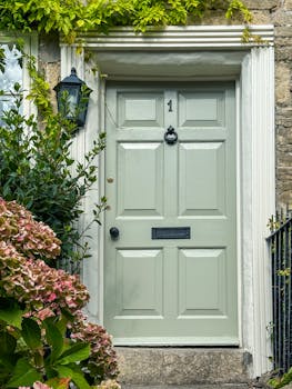 Pastel green door of an English cottage framed by hydrangeas, showcasing classic British architecture in Wiltshire, UK.