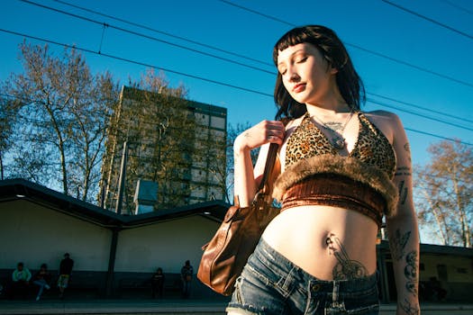 Fashionable woman with tattoos poses at a train station in Argentina under a bright summer sky.