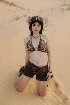 Fashionable woman in leopard print bikini and shorts posing in desert setting.