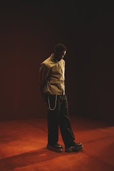 Stylish male posing in a dramatic light, wearing fashionable attire in a dimly lit studio.