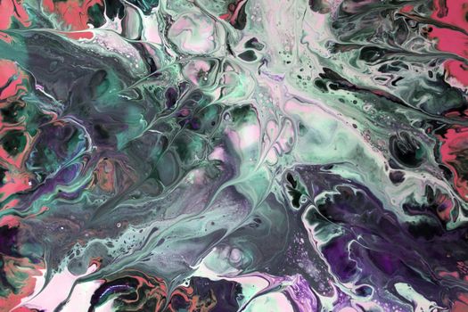 Dynamic abstract fluid art featuring swirling vibrant hues of pink, green, and purple.