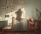 一个小孩坐在阳光明媚的房间里，椅子上方的墙上挂着一个人体模型和一些证书