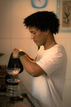 A man prepares pour-over coffee in a cozy kitchen setting, focusing on his morning routine.