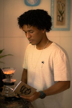 A young man in a casual setting, reading a book while brewing coffee. Warm lighting.
