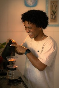 A cheerful man brewing coffee using a pour-over method in a cozy kitchen setting.