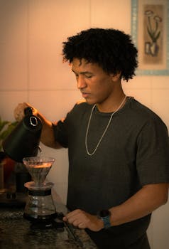 A young man carefully brews coffee using a pour-over method in a cozy kitchen setting.