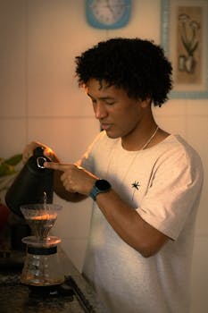 A young man enjoying his morning routine by brewing coffee at home, showcasing a warm, cozy atmosphere.