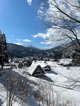 Explore the serene winter landscape of Shirakawa's historic Gassho-style village in Gifu, Japan.