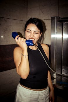 Woman playfully interacting with a blue payphone in an urban environment. Energetic and fun vibe.