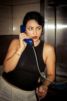 Young woman in a black top using a blue payphone in an indoor setting.
