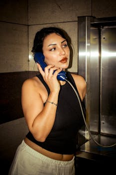 A woman using a blue payphone inside a building, wearing a black top and beige pants.
