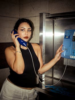 Young woman talking on a blue payphone indoors, capturing a vintage and nostalgic vibe.