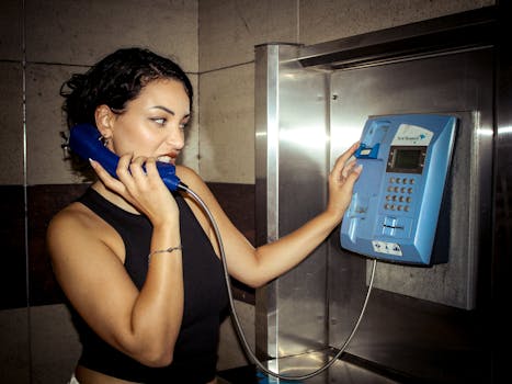 A woman in a black top using a blue payphone, expressing a serious attitude.