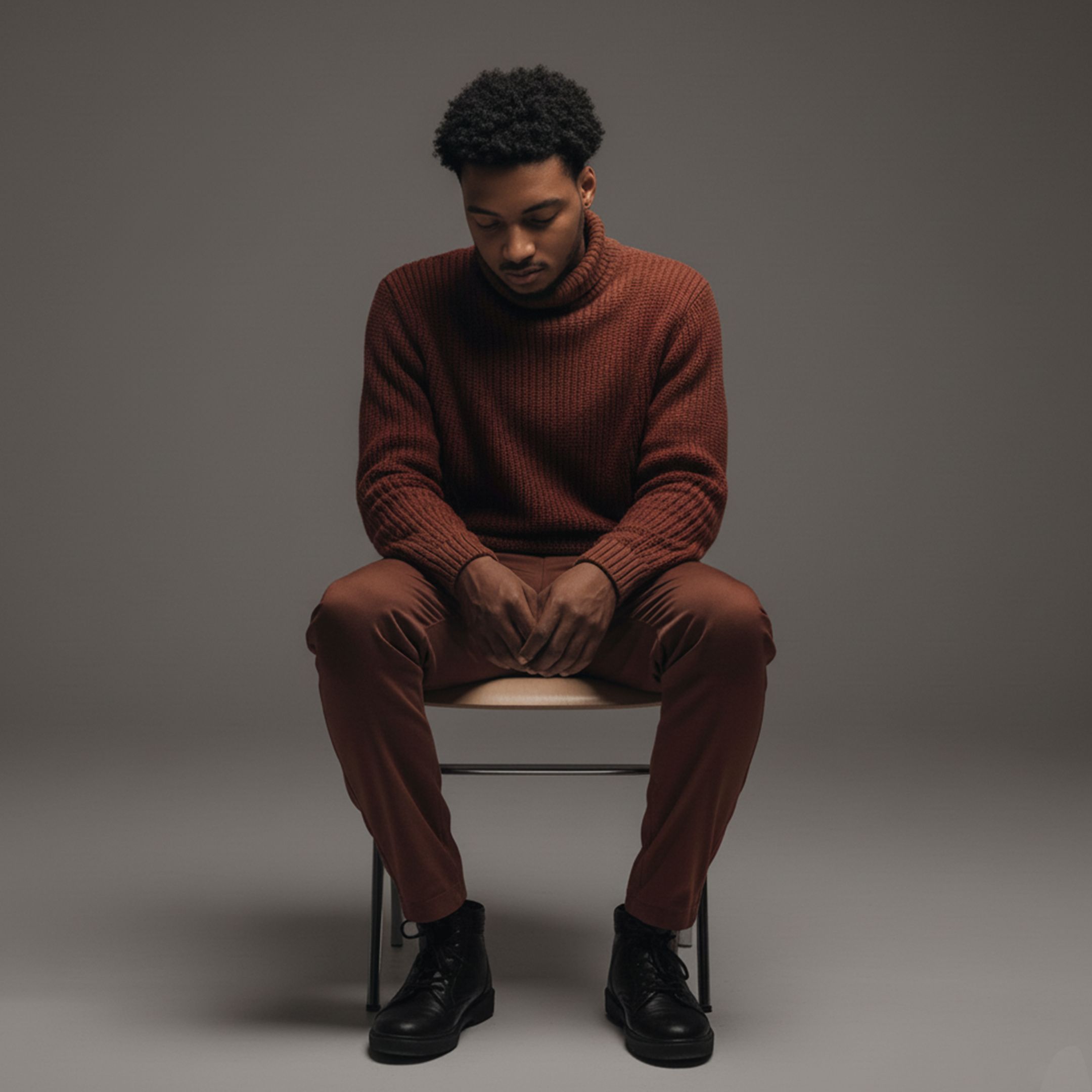 Man seated on a stool in a rust ribbed rollneck and matching trousers against a warm grey studio backdrop — photo by Yvcx Sanchez on Pexels