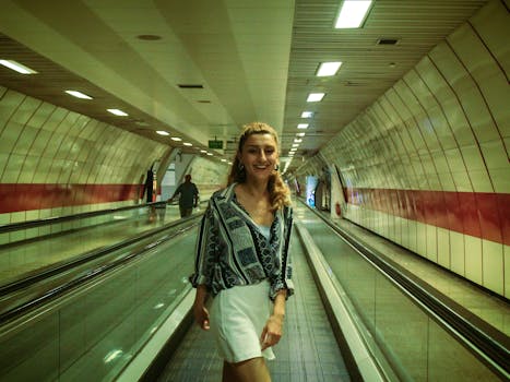 A cheerful woman in fashionable attire walks on an airport moving walkway.