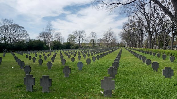 A serene view of a military cemetery in Vienna, Austria, showcasing rows of soldier graves under a clear sky.