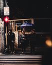 夜晚的街道上，一把伞下，街灯照亮了人影