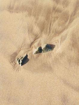 Close-up of a serene beach sand surface with small rocks subtly emerging, creating delicate patterns.