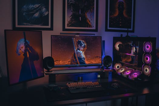 Colorful gaming setup featuring RGB-lit PC and anime artwork. Ideal for tech enthusiasts.