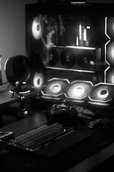 Monochrome image of a gaming setup featuring a PC with LED lights and a camera.