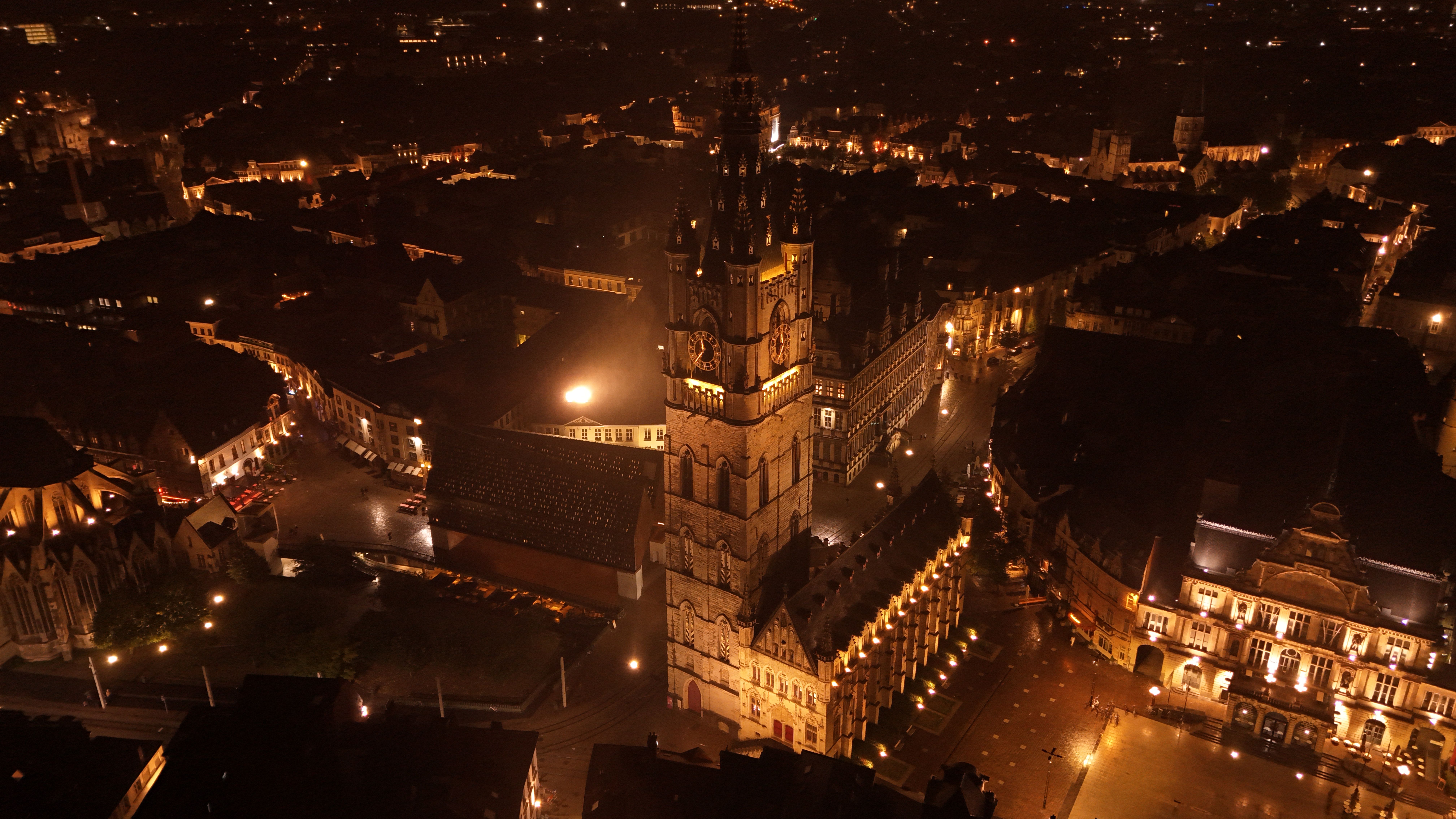 Aerial View of Ghent at Night with Illuminated Belfry · Free Stock Photo
