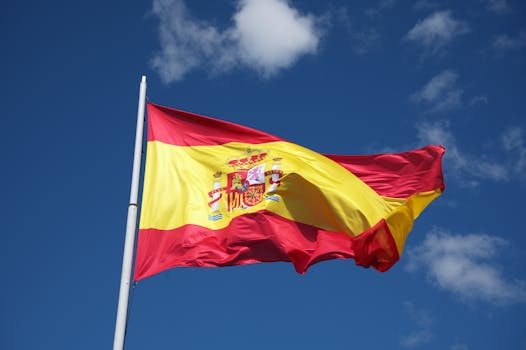 Close-up of the Spanish flag waving on a clear day in Jaca, Spain.
