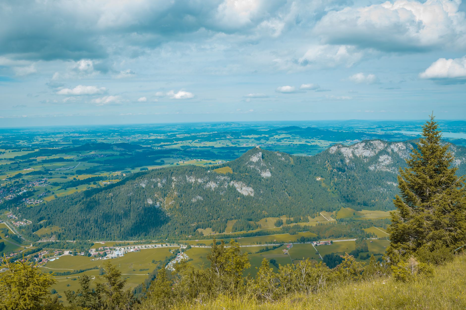 Aerial view of lush green rolling hills and mountain peaks under a cloudy sky, showcasing the beauty of the Alps.