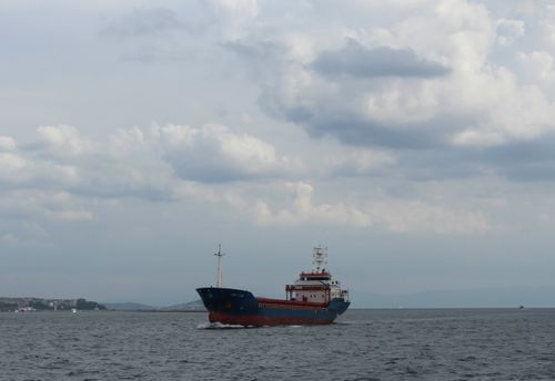 Free A cargo ship sails on the calm open sea beneath a cloudy sky, near a distant coastline. Stock Photo